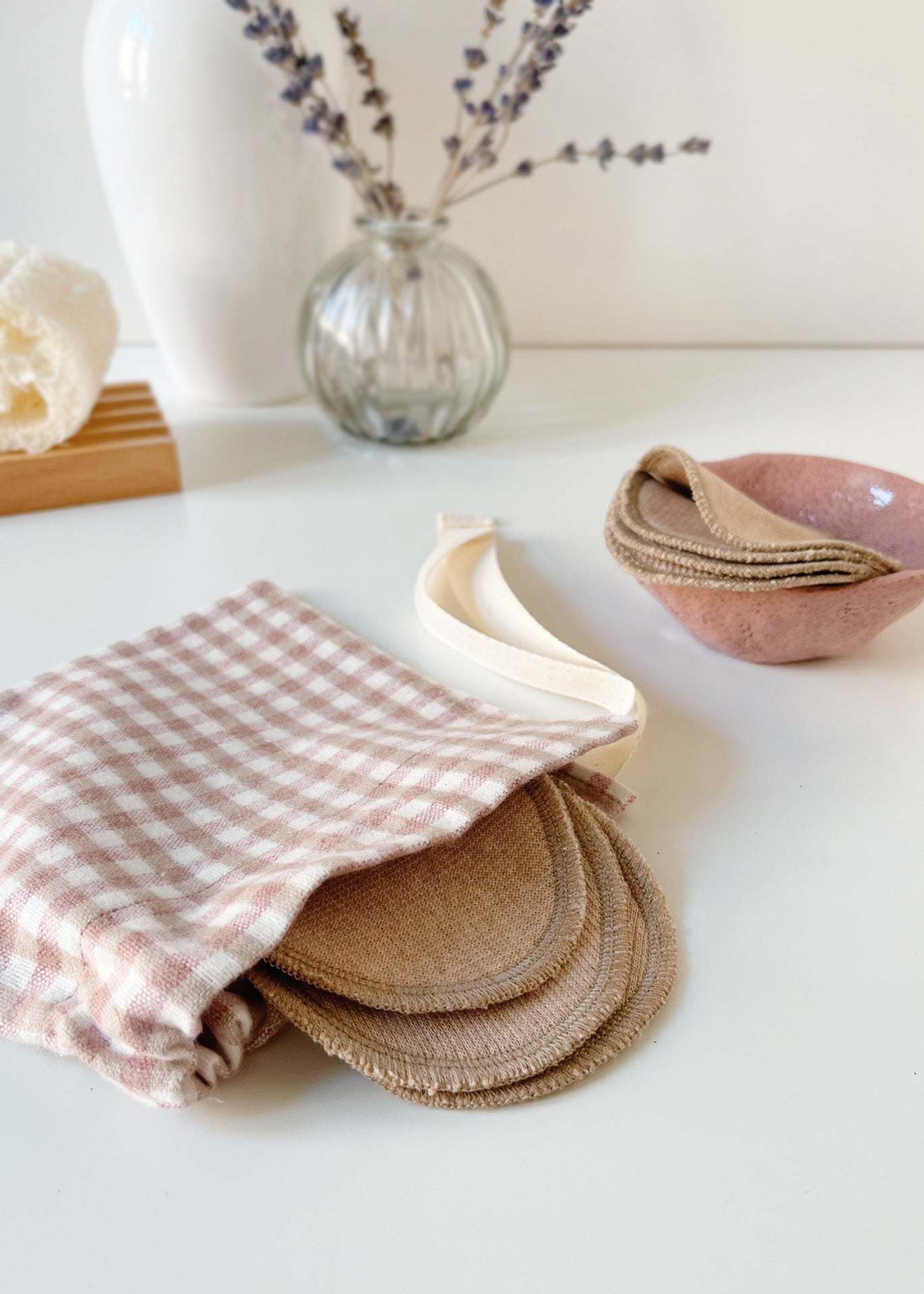 Face Pads & Pouch - Gingham/Brown Organic Cotton - 100% Cotton (organic) / 100 % Baumwolle (Bio)