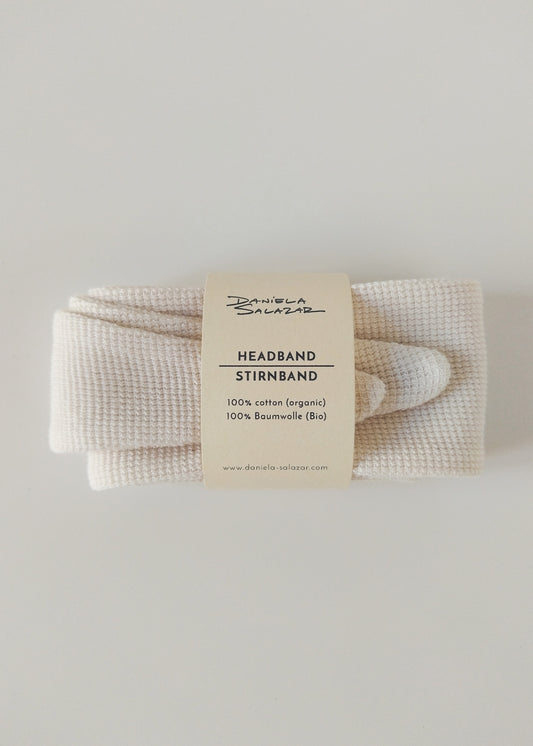 Packaging of the Organic Cotton Top Knot Headband in Ivory