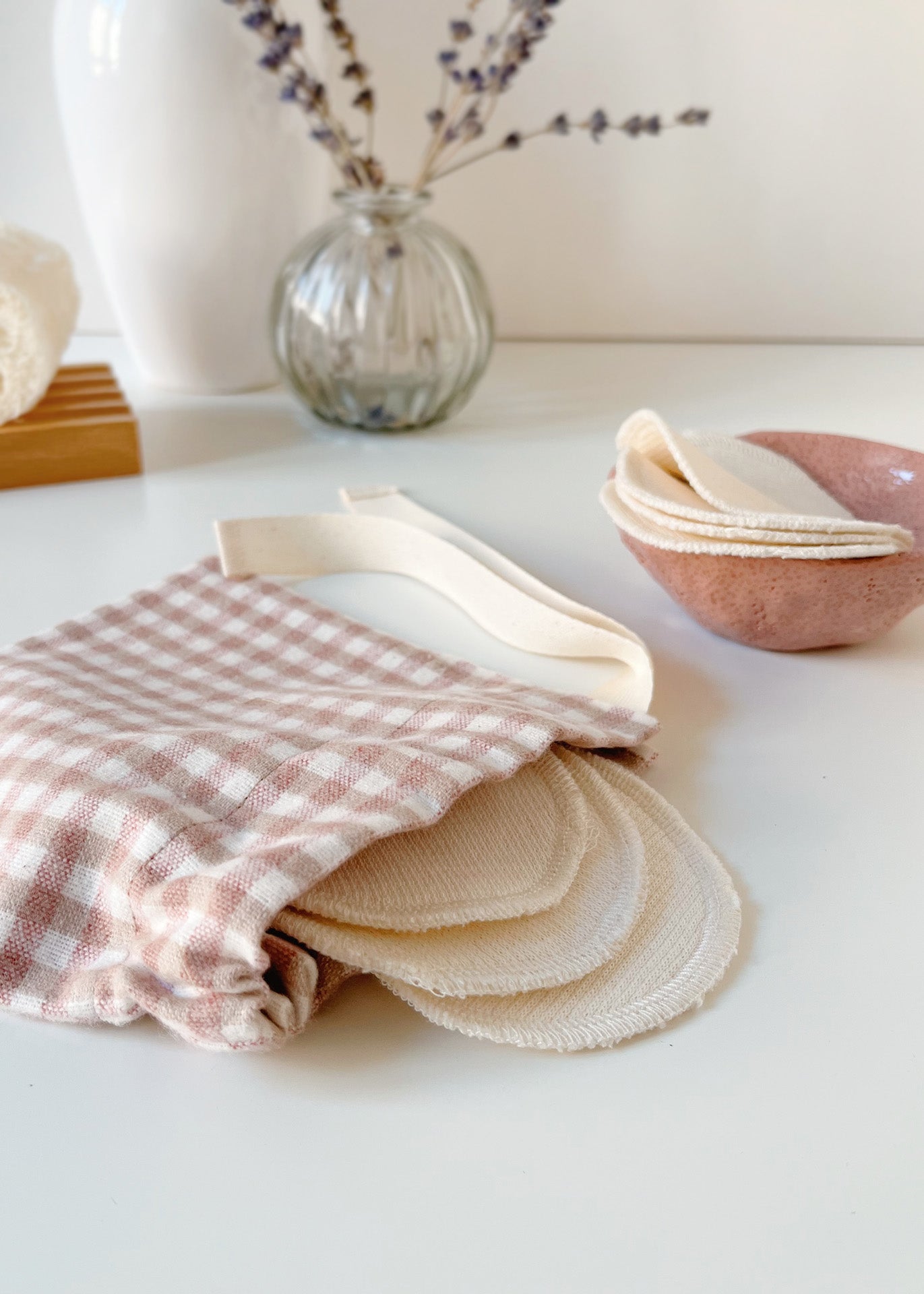 Face Pads & Pouch - Gingham/Ivory Organic Cotton