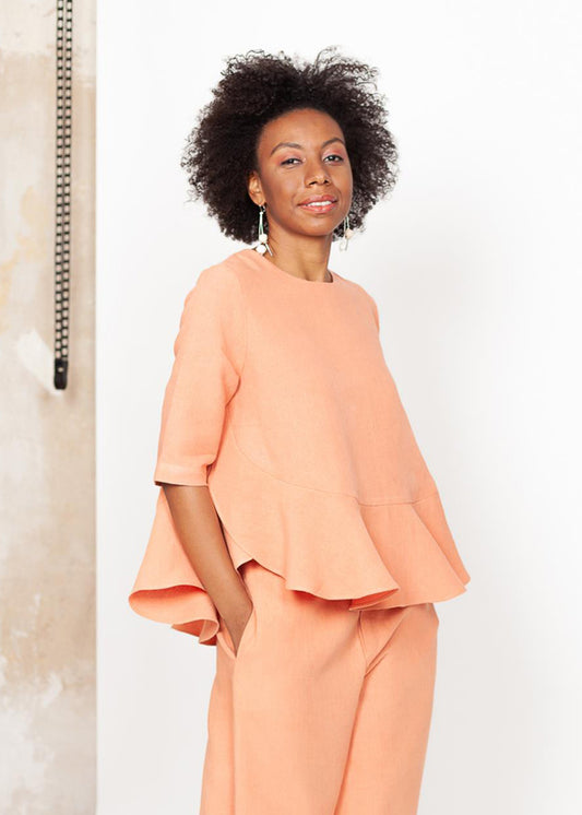 Mara - Ruffles Top in Coral - 100% true hemp / 100 % Hanf