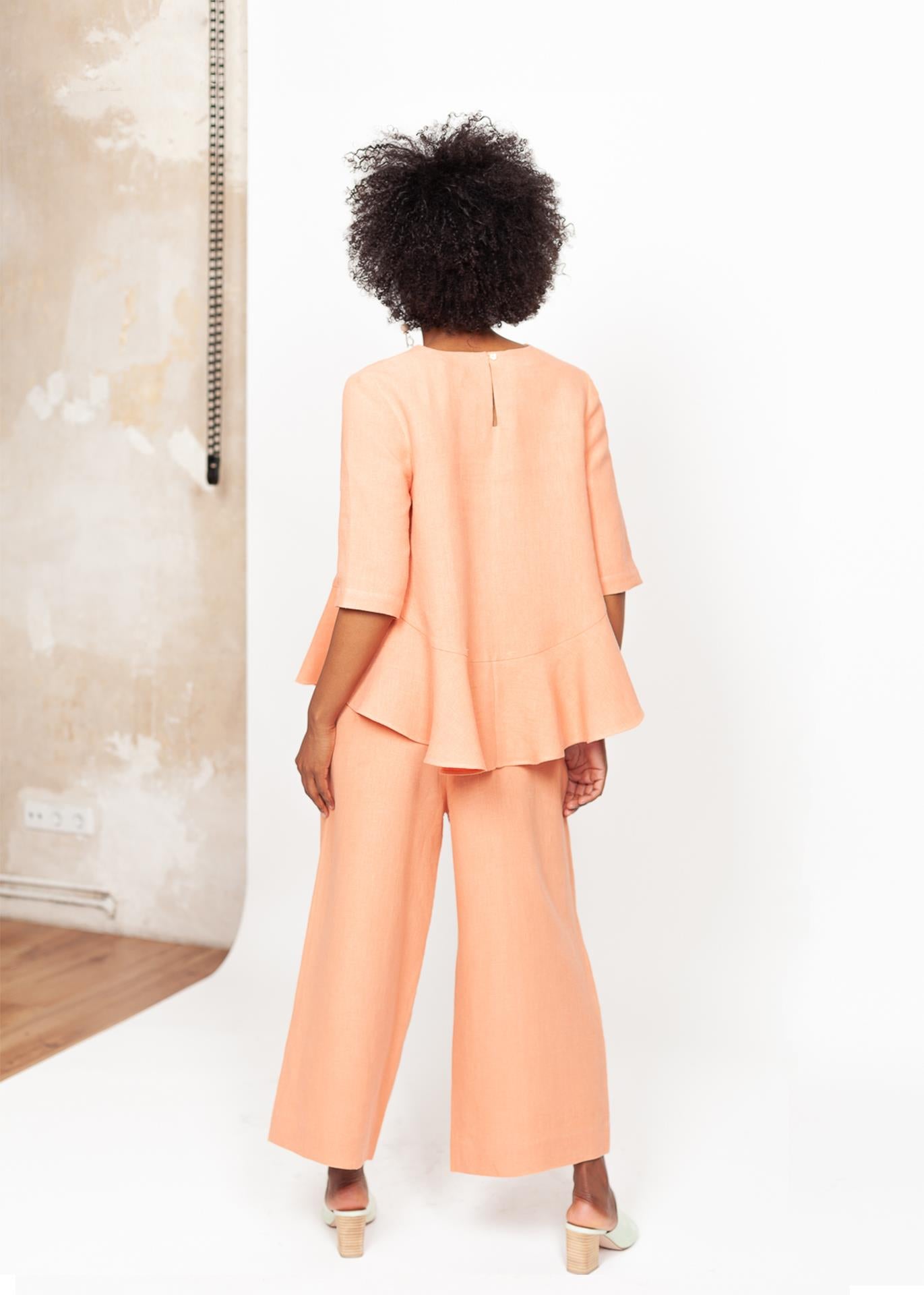 Mara - Ruffles Top in Coral - 100% true hemp / 100 % Hanf